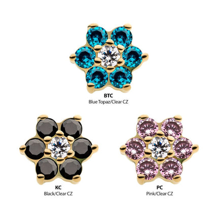Invictus 14Kt Yellow Gold Threadless with 6 Prong Set CZ and Centerpiece Clear CZ Flower Top