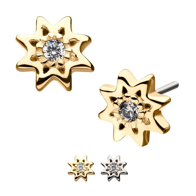 Invictus 14kt Gold Threadless Round Clear CZ Sun Top