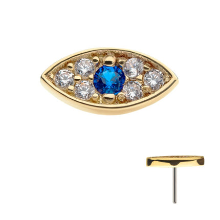 Invictus 14Kt Yellow Gold Threadless Pave Set Round Blue Sapphire & Clear Gem Evil Eye Top
