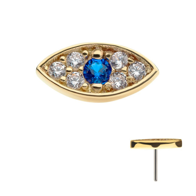 Invictus 14Kt Yellow Gold Threadless Pave Set Round Blue Sapphire & Clear Gem Evil Eye Top