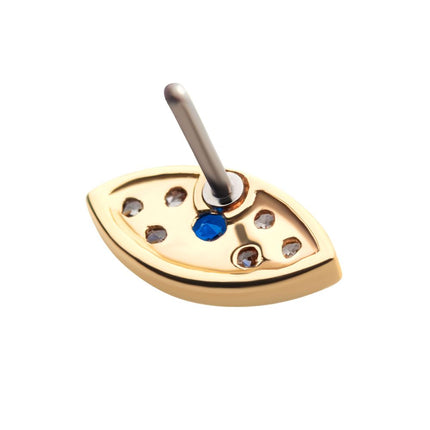 Invictus 14Kt Yellow Gold Threadless Pave Set Round Blue Sapphire & Clear Gem Evil Eye Top