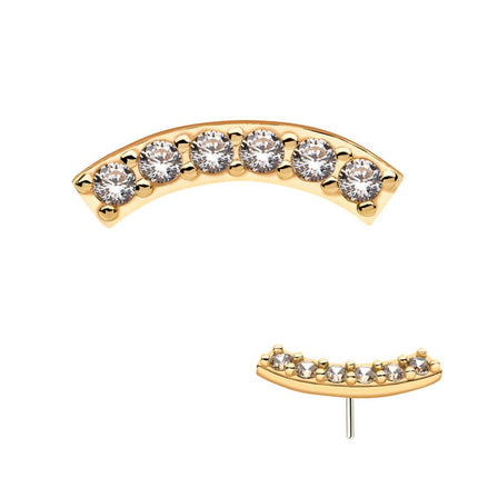 Invictus 14kt Yellow Gold Threadless with Prong Set Clear CZ 6-Cluster Curved Bar Top