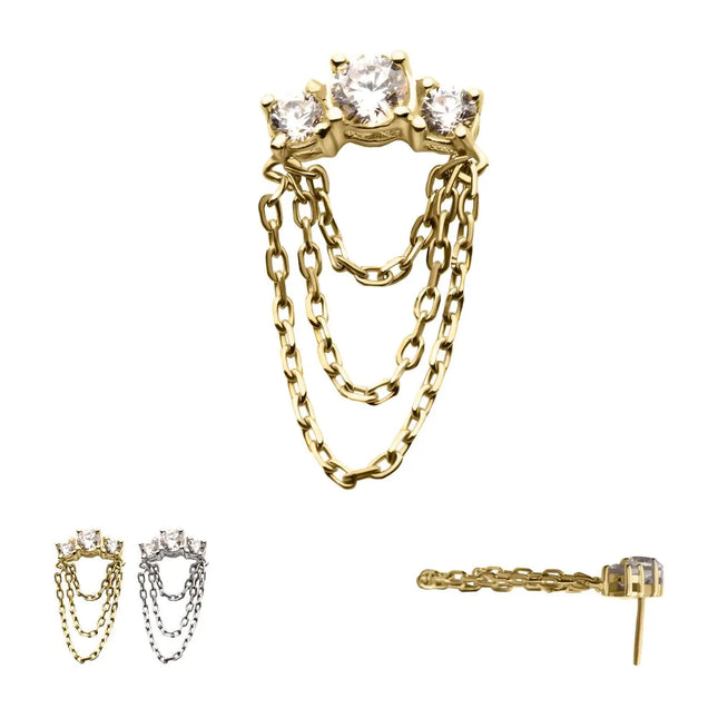 Invictus 14Kt Gold Threadless Threadless 3-Cluster Prong Set Gem Top with 3-Tier Chain Dangle