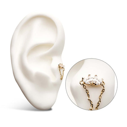 Invictus 14Kt Yellow Gold Threadless Prong Set 4 Clear CZ Marquise Top with Dangling Chain