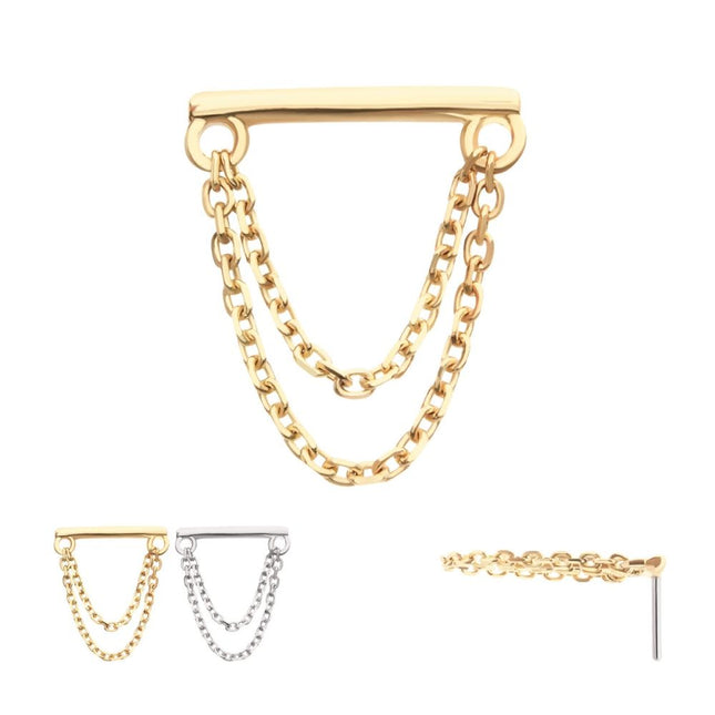Invictus 14Kt Gold Threadless Bar Top with 2-Tier Chain Dangle