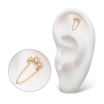 Invictus 14Kt Yellow Gold Threadless with Bezel Set CZ 3-Cluster Top with Dangling Chain