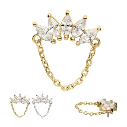 Invictus 14Kt Gold Threadless 5 Cluster Marquise Prong Set Gem Fan Top with Chain Dangle