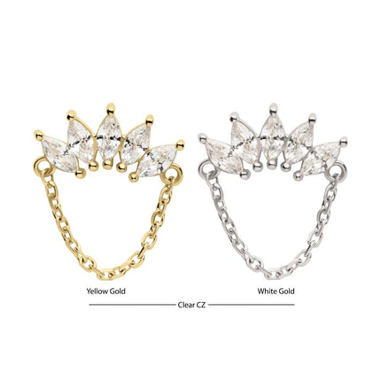Invictus 14Kt Gold Threadless 5 Cluster Marquise Prong Set Gem Fan Top with Chain Dangle