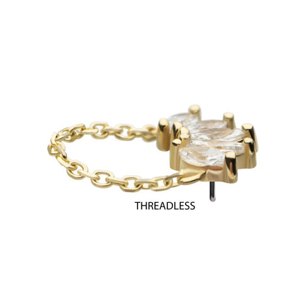 Invictus 14Kt Gold Threadless 5 Cluster Marquise Prong Set Gem Fan Top with Chain Dangle