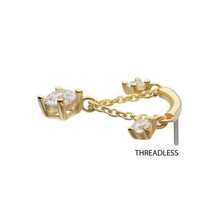 Invictus 14Kt Gold Threadless Curve Bar Top with Prong Set Gem & Chain Dangle