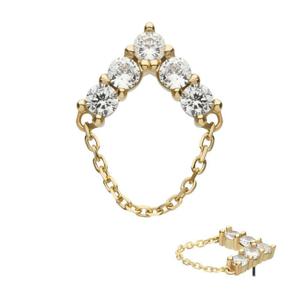 Invictus 14Kt Yellow Gold Threadless 5 Round Prong Set CZ Chevron Shape Top with Dangle Chain