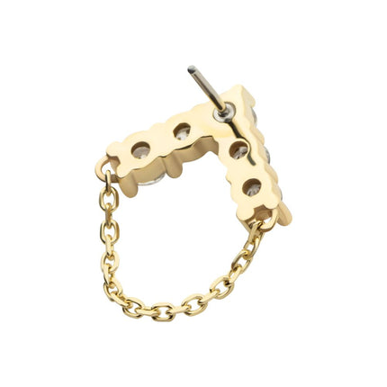 Invictus 14Kt Yellow Gold Threadless 5 Round Prong Set CZ Chevron Shape Top with Dangle Chain