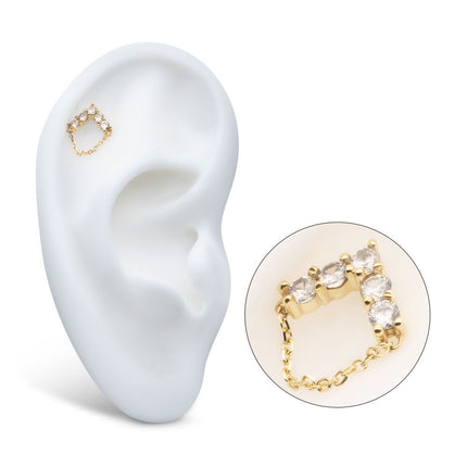 Invictus 14Kt Yellow Gold Threadless 5 Round Prong Set CZ Chevron Shape Top with Dangle Chain