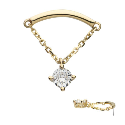 Invictus 14Kt Yellow Gold Threadless Curve Bar Top with 1 Round Prong Set CZ Dangle Chain