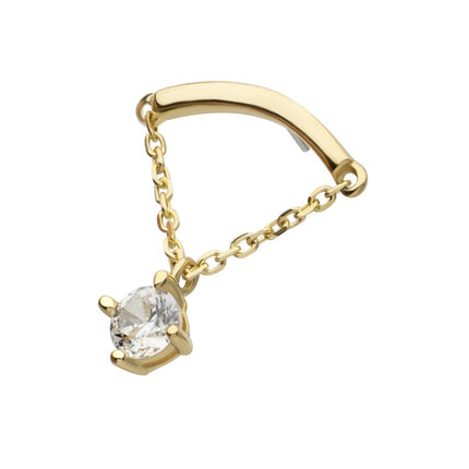 Invictus 14Kt Yellow Gold Threadless Curve Bar Top with 1 Round Prong Set CZ Dangle Chain