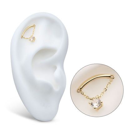 Invictus 14Kt Yellow Gold Threadless Curve Bar Top with 1 Round Prong Set CZ Dangle Chain