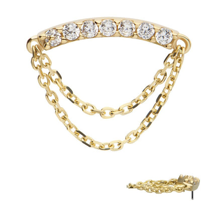 Invictus 14Kt Yellow Gold Threadless 7 Round Prong Set CZ Curve Bar Top with 2 Tier Dangle Chain