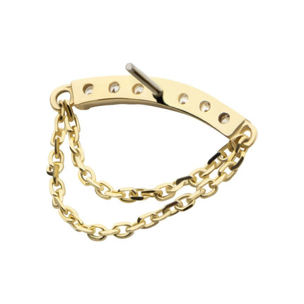 Invictus 14Kt Yellow Gold Threadless 7 Round Prong Set CZ Curve Bar Top with 2 Tier Dangle Chain