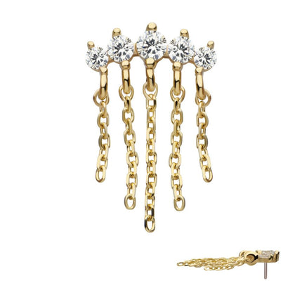 Invictus 14Kt Yellow Gold Threadless 5 Round Prong Set CZ Curve Bar Top with 5 Dangle Chains