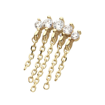 Invictus 14Kt Yellow Gold Threadless 5 Round Prong Set CZ Curve Bar Top with 5 Dangle Chains