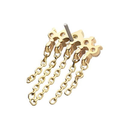 Invictus 14Kt Yellow Gold Threadless 5 Round Prong Set CZ Curve Bar Top with 5 Dangle Chains