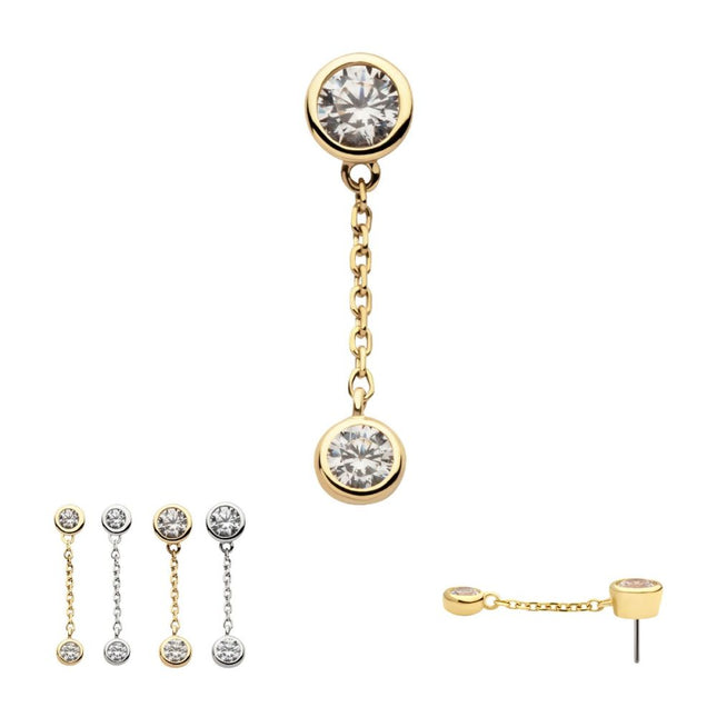 Invictus 14Kt Gold Threadless Double Bezel Set Round CZ with Dangle Chain Top