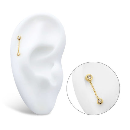Invictus 14Kt Gold Threadless Double Bezel Set Round CZ with Dangle Chain Top