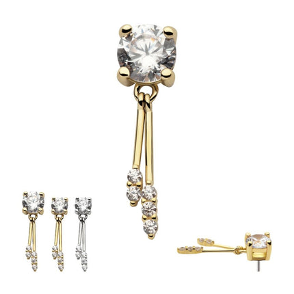 Invictus 14Kt Gold Threadless Prong Set CZ Top with Gemmed Dangle Double Bar
