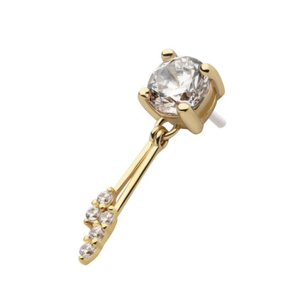 Invictus 14Kt Gold Threadless Prong Set CZ Top with Gemmed Dangle Double Bar