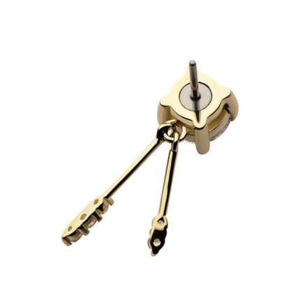 Invictus 14Kt Gold Threadless Prong Set CZ Top with Gemmed Dangle Double Bar