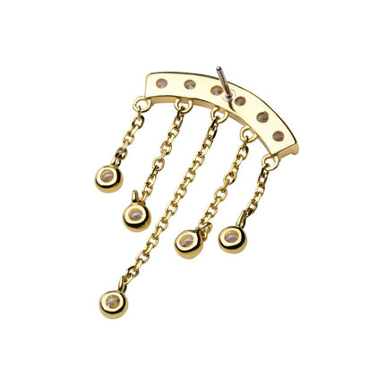 Invictus 14Kt Gold Threadless 6 Cluster CZ Curved Bar Top with 5 Gemmed Dangle Chains
