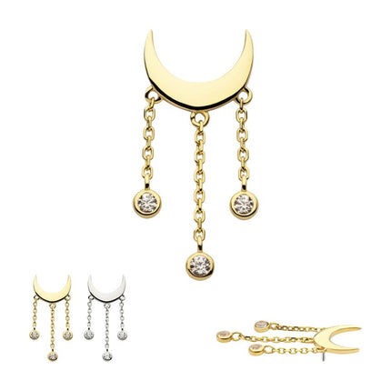 Invictus 14Kt Gold Threadless Crescent Moon Top with Bezel Set CZ Dangle Triple Chain