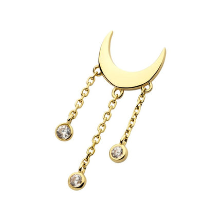 Invictus 14Kt Gold Threadless Crescent Moon Top with Bezel Set CZ Dangle Triple Chain