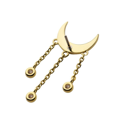 Invictus 14Kt Gold Threadless Crescent Moon Top with Bezel Set CZ Dangle Triple Chain