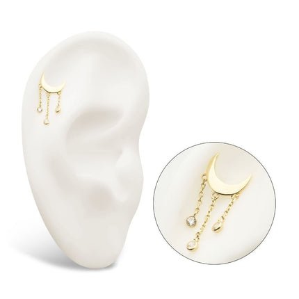Invictus 14Kt Gold Threadless Crescent Moon Top with Bezel Set CZ Dangle Triple Chain