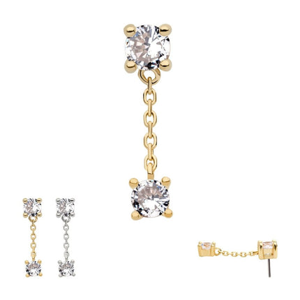 Invictus 14Kt Gold Threadless Double Prong Set Round CZ with Dangle Chain Top