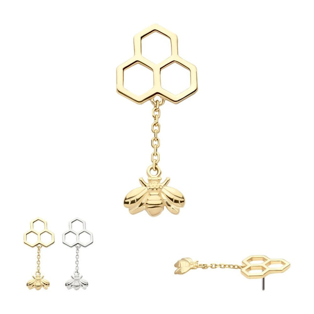 Invictus 14Kt Gold Threadless Honeycomb with Dangle Chain & Bee Top