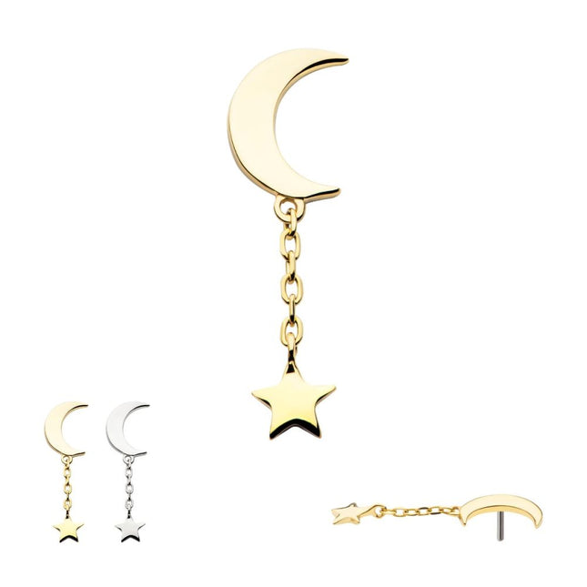 Invictus 14Kt Gold Threadless Crescent Moon with Dangle Chain & Star Top