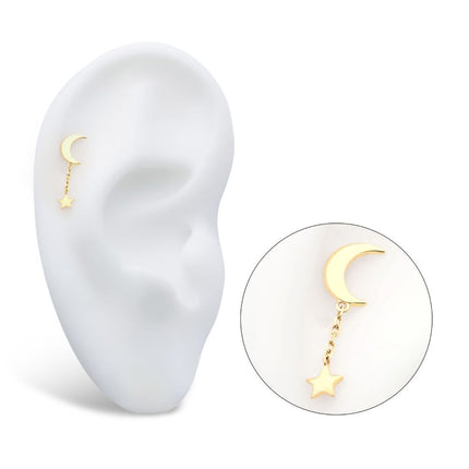 Invictus 14Kt Gold Threadless Crescent Moon with Dangle Chain & Star Top