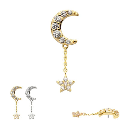 Invictus 14Kt Gold Threadless Pave Set CZ Crescent Moon Top with Pave Set CZ Star Dangle Chain