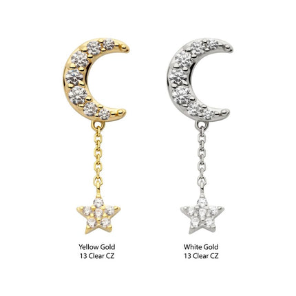 Invictus 14Kt Gold Threadless Pave Set CZ Crescent Moon Top with Pave Set CZ Star Dangle Chain