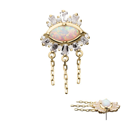 Invictus 14Kt Yellow Gold Threadless Prong Set Baguette, Round Gem and Opal Evil Eye Top with Triple Dangle Chain