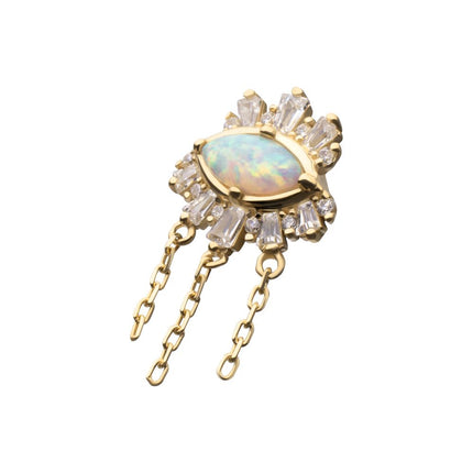 Invictus 14Kt Yellow Gold Threadless Prong Set Baguette, Round Gem and Opal Evil Eye Top with Triple Dangle Chain