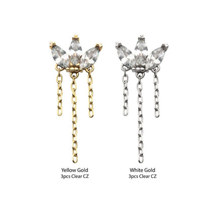 Invictus 14Kt Gold Threadless 3 Cluster Fan Shape Marquise CZ/Opal Top with Dangle Triple Chain