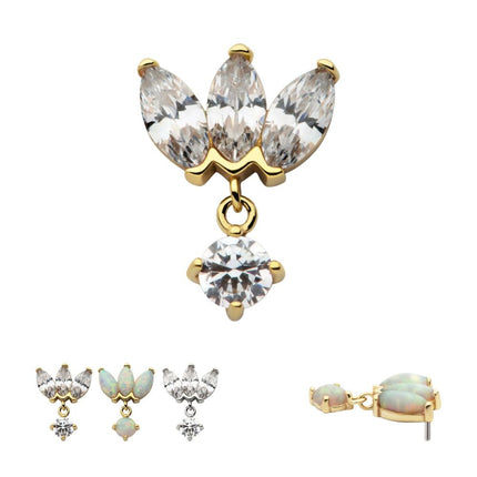 Invictus 14Kt Gold Threadless 3 Cluster Fan Shape Marquise CZ/Opal Top with Dangle Prong Set CZ/Opal