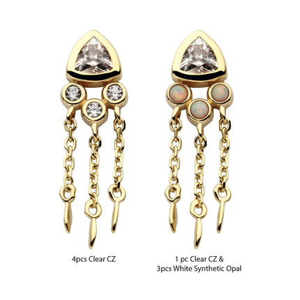 Invictus 14Kt Yellow Gold Threadless Bezel Round & Trillion CZ Top with Triple Dangle Chain