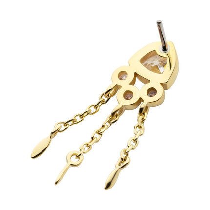 Invictus 14Kt Yellow Gold Threadless Bezel Round & Trillion CZ Top with Triple Dangle Chain
