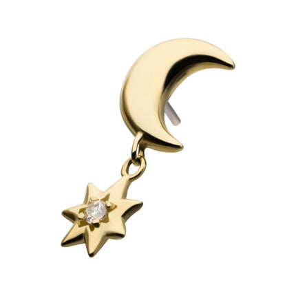 Invictus 14Kt Yellow Gold Threadless Crescent Moon with Dangle CZ Star Top