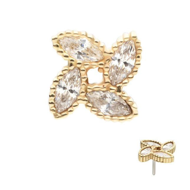 Invictus 14Kt Yellow Gold Threadless Flower Top with 4 Marquise Clear CZ