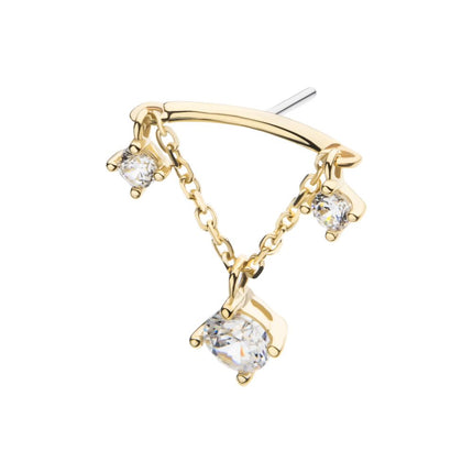 Invictus 14Kt Yellow Gold Threadless Vertical Helix Curved Bar Top with Double Floating Gem & CZ Chain Dangle
